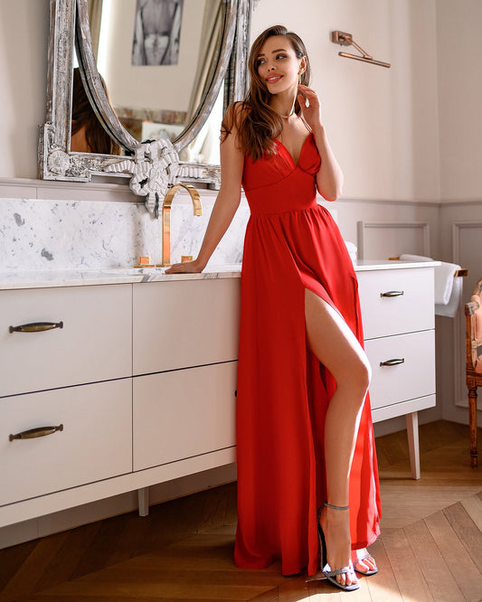 Red V-Neck Slip Midi Dress
