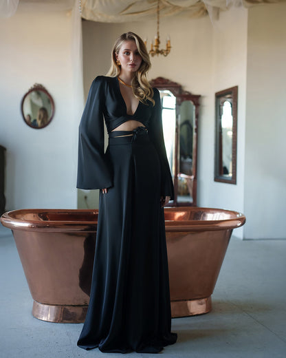 Black Satin Bell-Sleeve Wrap Top & Wide-Leg Pants 2-Piece Set