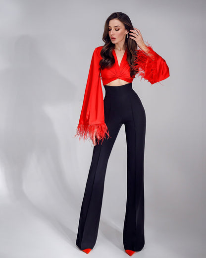 Red Silk Feather Sleeve Blouse