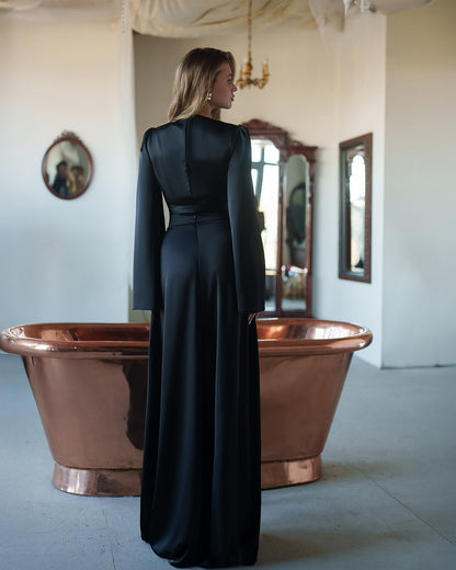 Black Satin Bell-Sleeve Wrap Top & Wide-Leg Pants 2-Piece Set