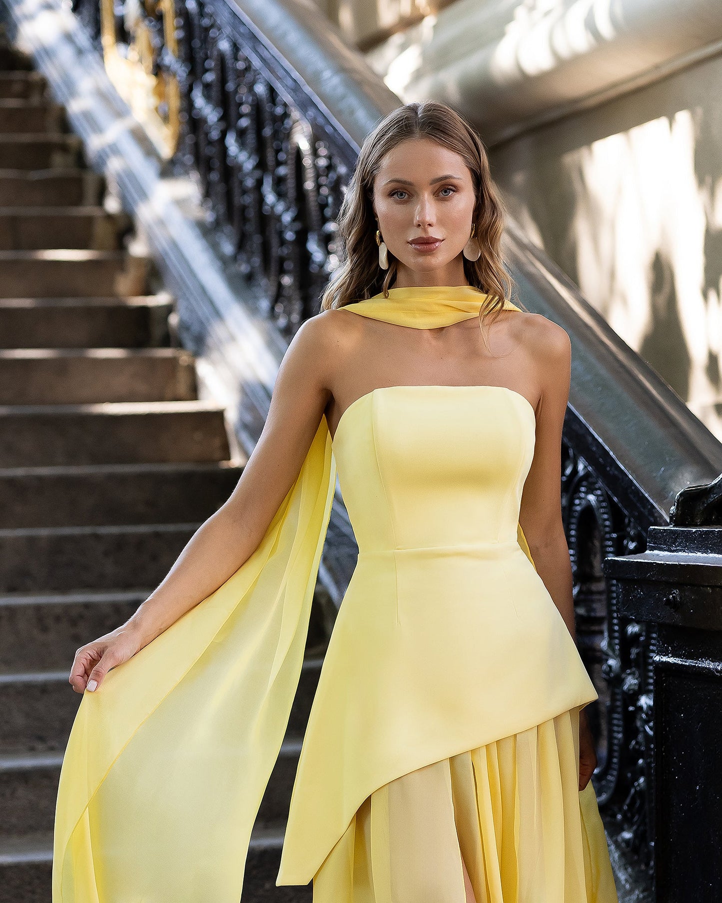 Yellow Strapless Back Scarf Overskirt Maxi Dress