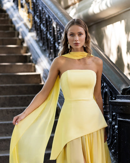 Yellow Strapless Back Scarf Overskirt Maxi Dress