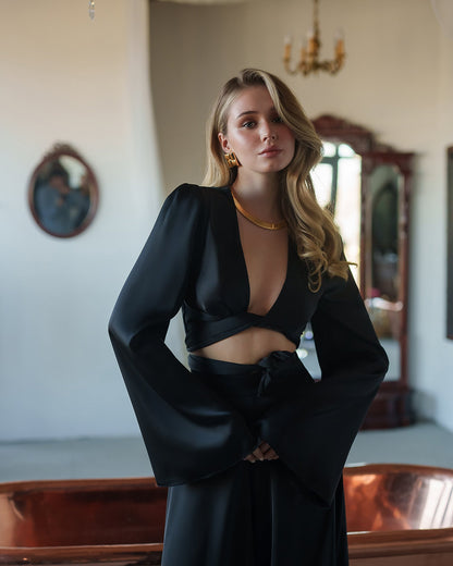 Black Satin Bell-Sleeve Wrap Top & Wide-Leg Pants 2-Piece Set