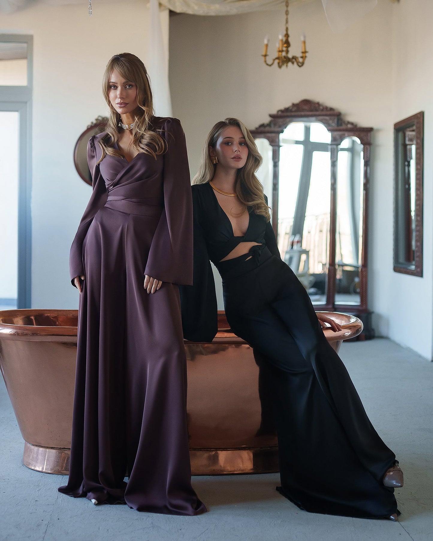 Black Satin Bell-Sleeve Wrap Top & Wide-Leg Pants 2-Piece Set
