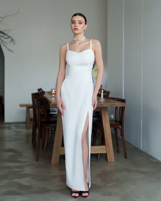 Bella White Sweetheart High-Slit Maxi Dress