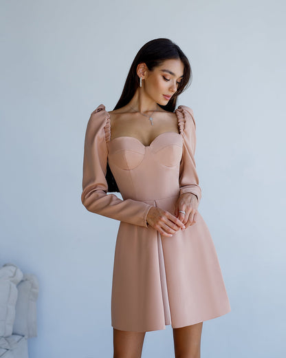 Beige Sweetheart Puff-Sleeve Mini Dress