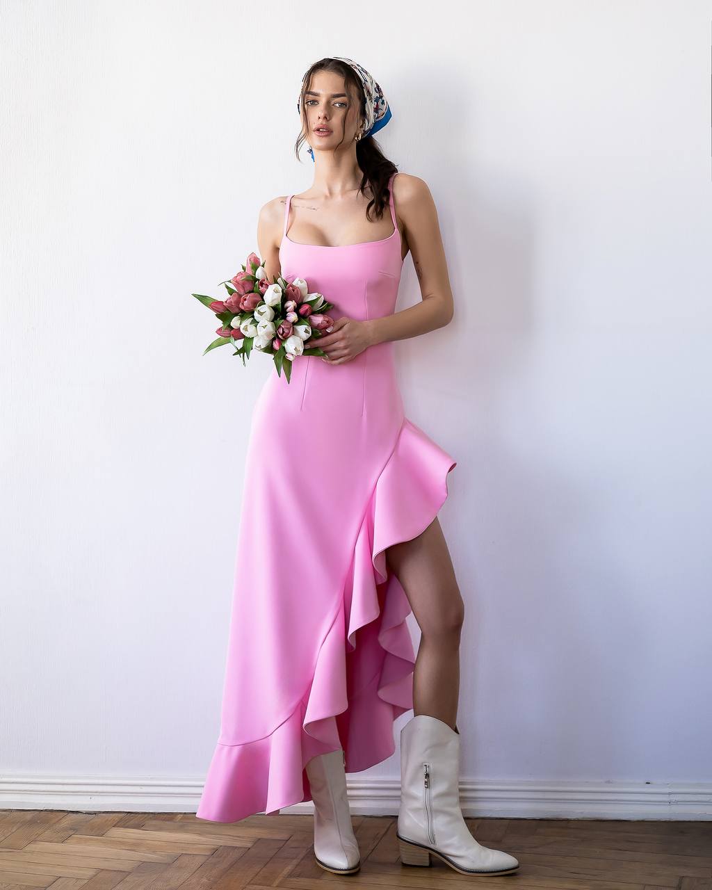 Blush Asymmetric Ruffle Midi Dress