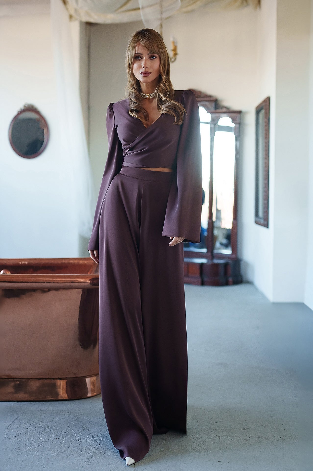 Brown Satin Bell-Sleeve Wrap Top & Wide-Leg Pants 2-Piece Set