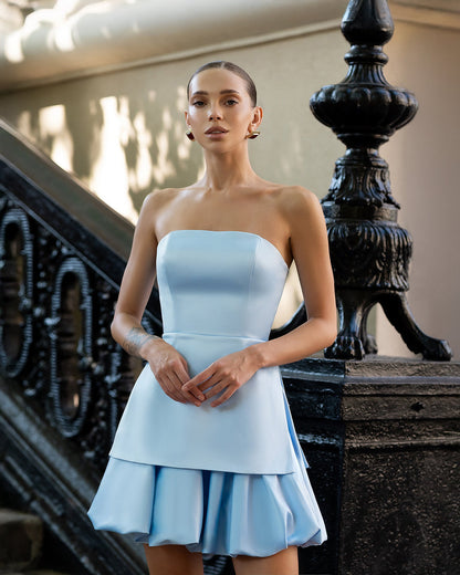 Sky-Blue Satin Strapless Peplum Top & Bubble-Hem Mini Skirt