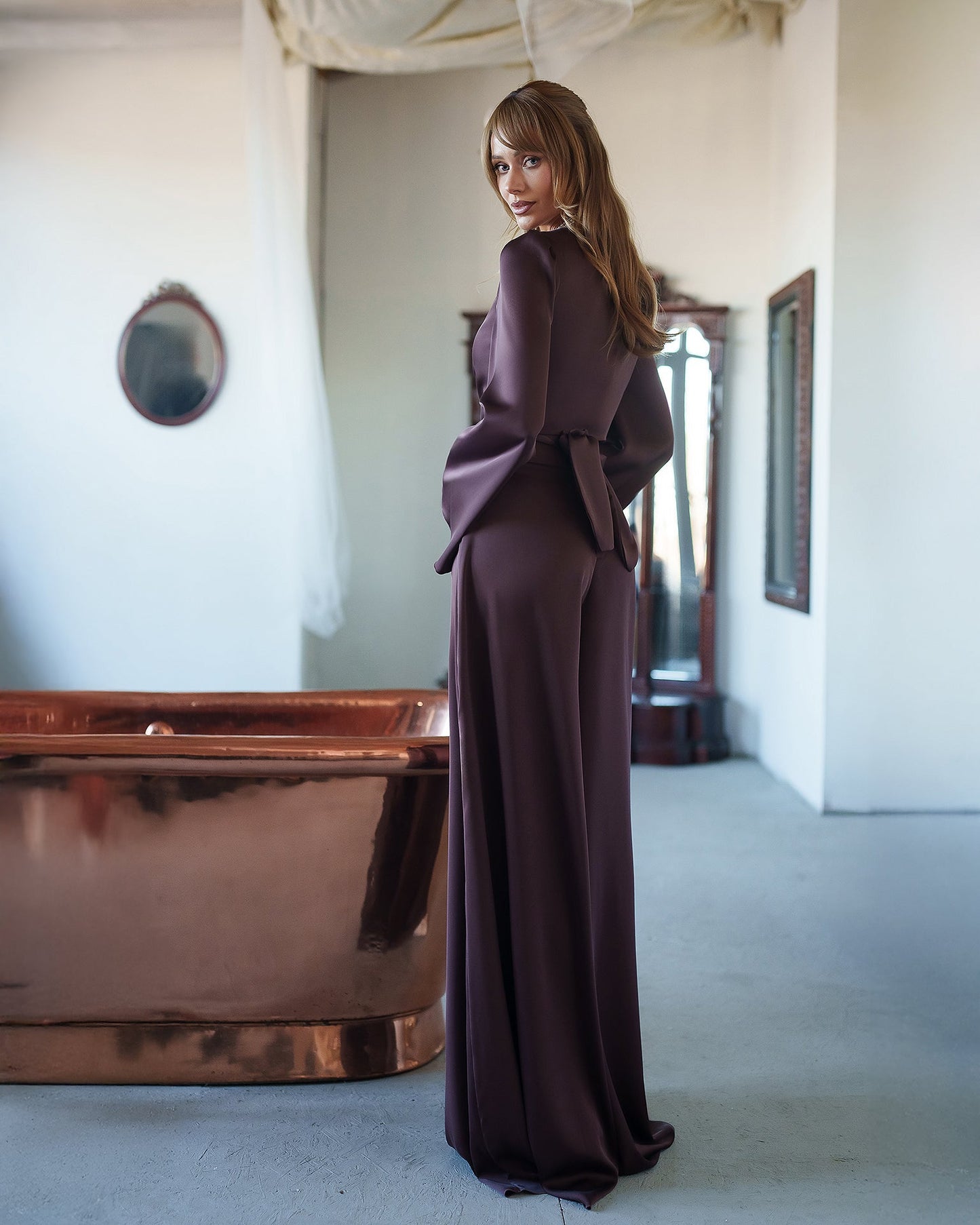 Brown Satin Bell-Sleeve Wrap Top & Wide-Leg Pants 2-Piece Set