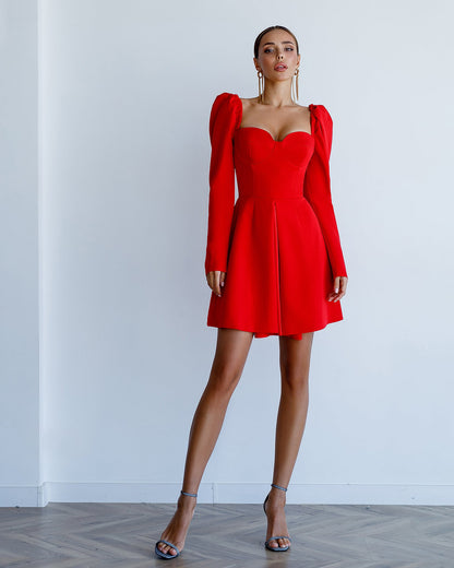 Red Sweetheart Puff-Sleeve Mini Dress