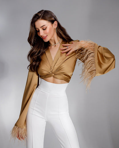 Brown Silk Feather Sleeve Blouse