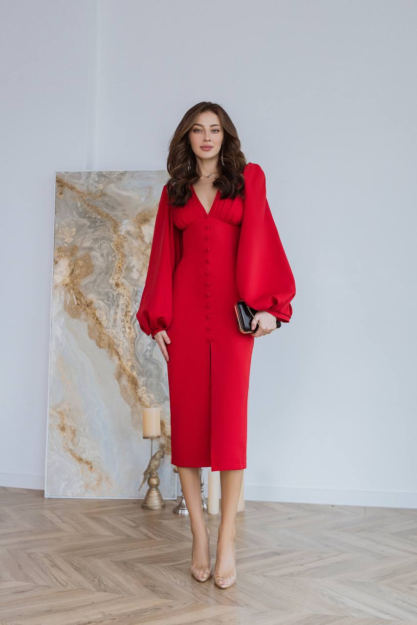 Sarkana Midi kleita ar pūtīgām piedurknēm bez aizmugures