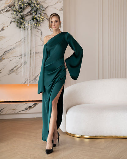 Celeste Emerald Satin Asymmetric One-Shoulder Midi Dress