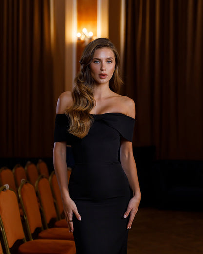 Gloria Black Off-The-Shoulder Midi Dress