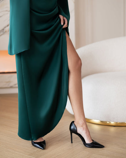 Celeste Emerald Satin Asymmetric One-Shoulder Midi Dress