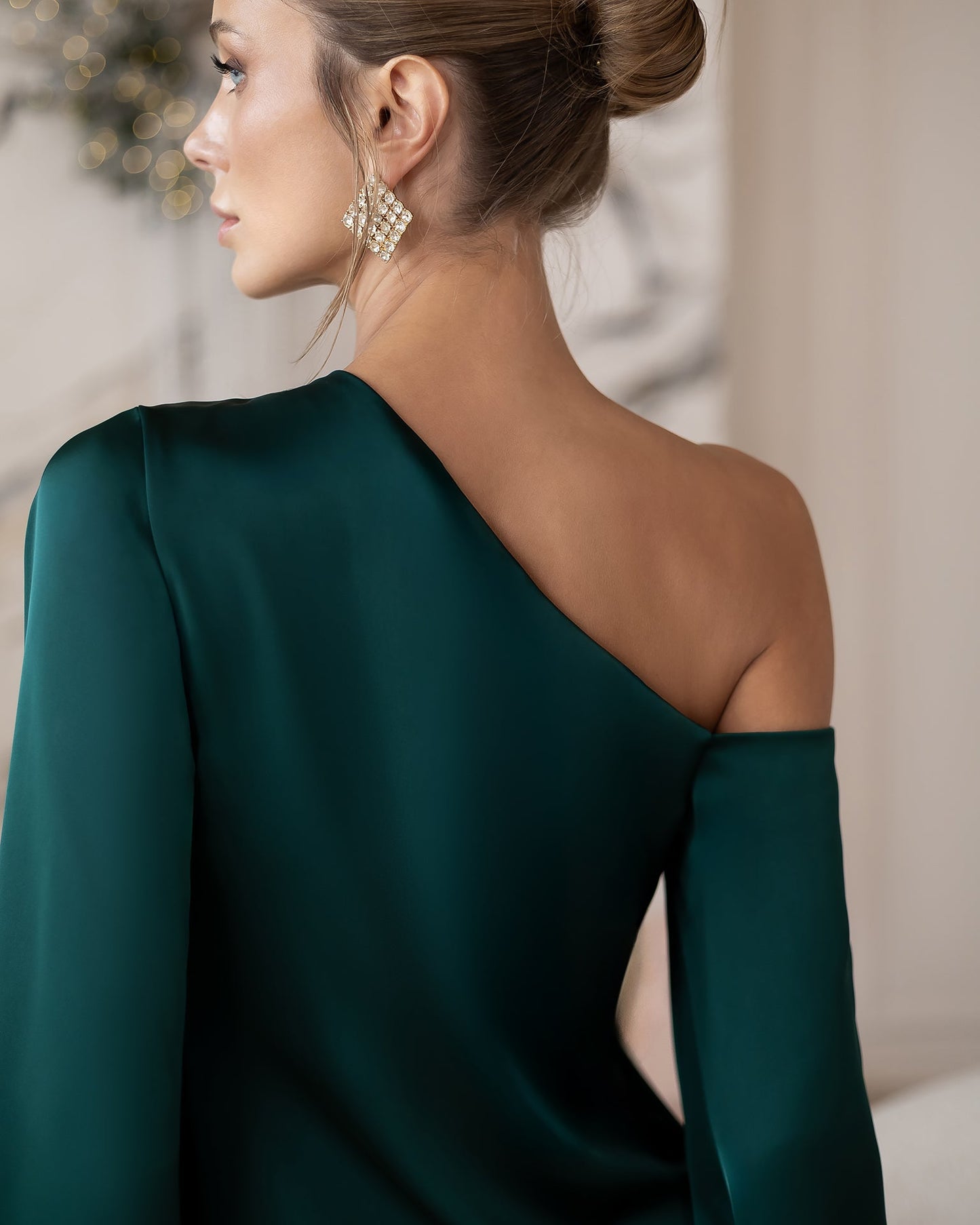 Celeste Emerald Satin Asymmetric One-Shoulder Midi Dress