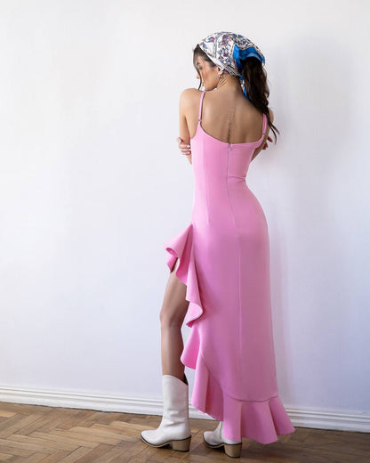 Blush Asymmetric Ruffle Midi Dress