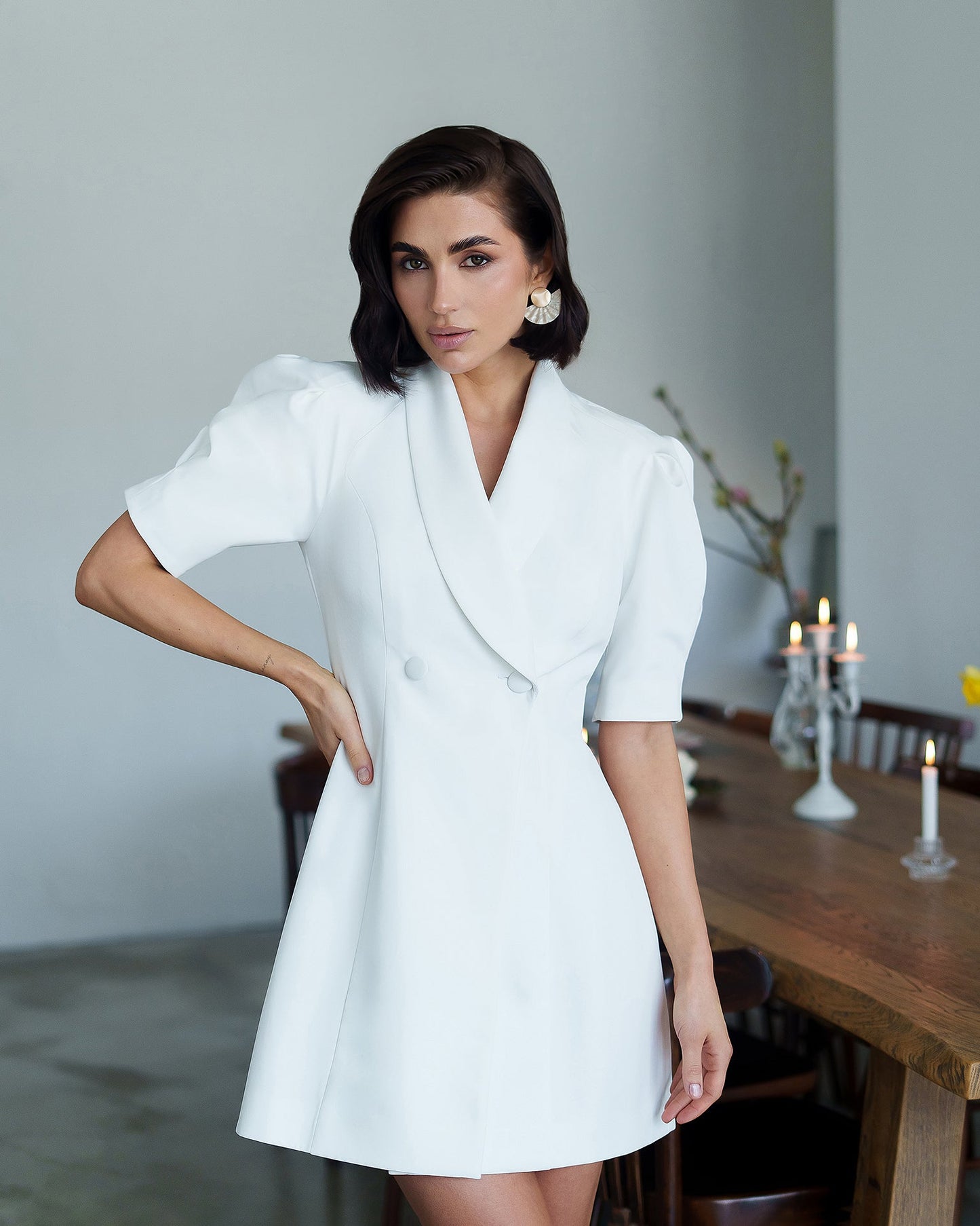 Bella White Collared Puff-Sleeve Mini Dress
