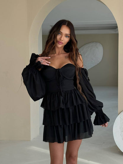 Black Chiffon Mini Dress With Ruffles – trinarosh