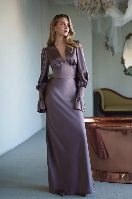 Gloria Mocco Satin V-Neck Puff-Sleeve Maxi Dress