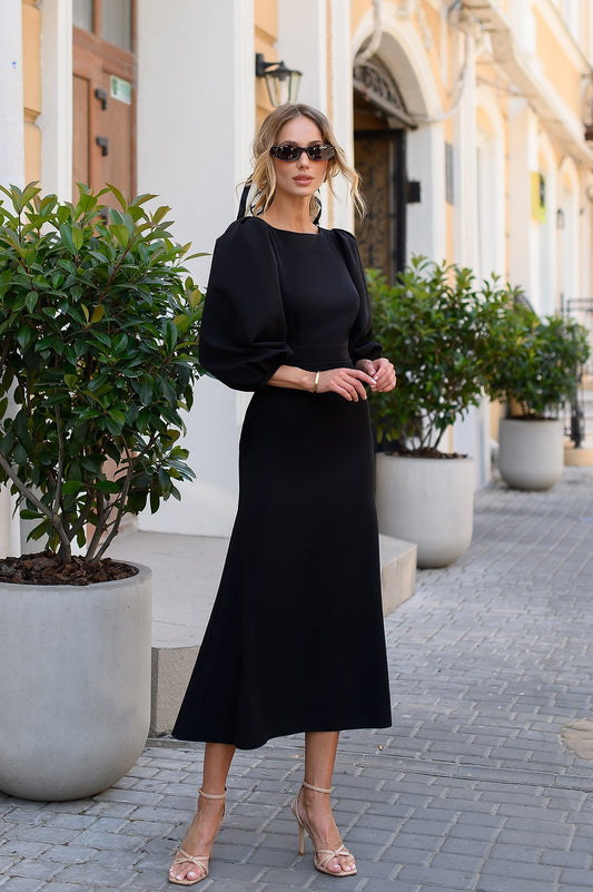 Julie Black Puff-Sleeve Midi Dress