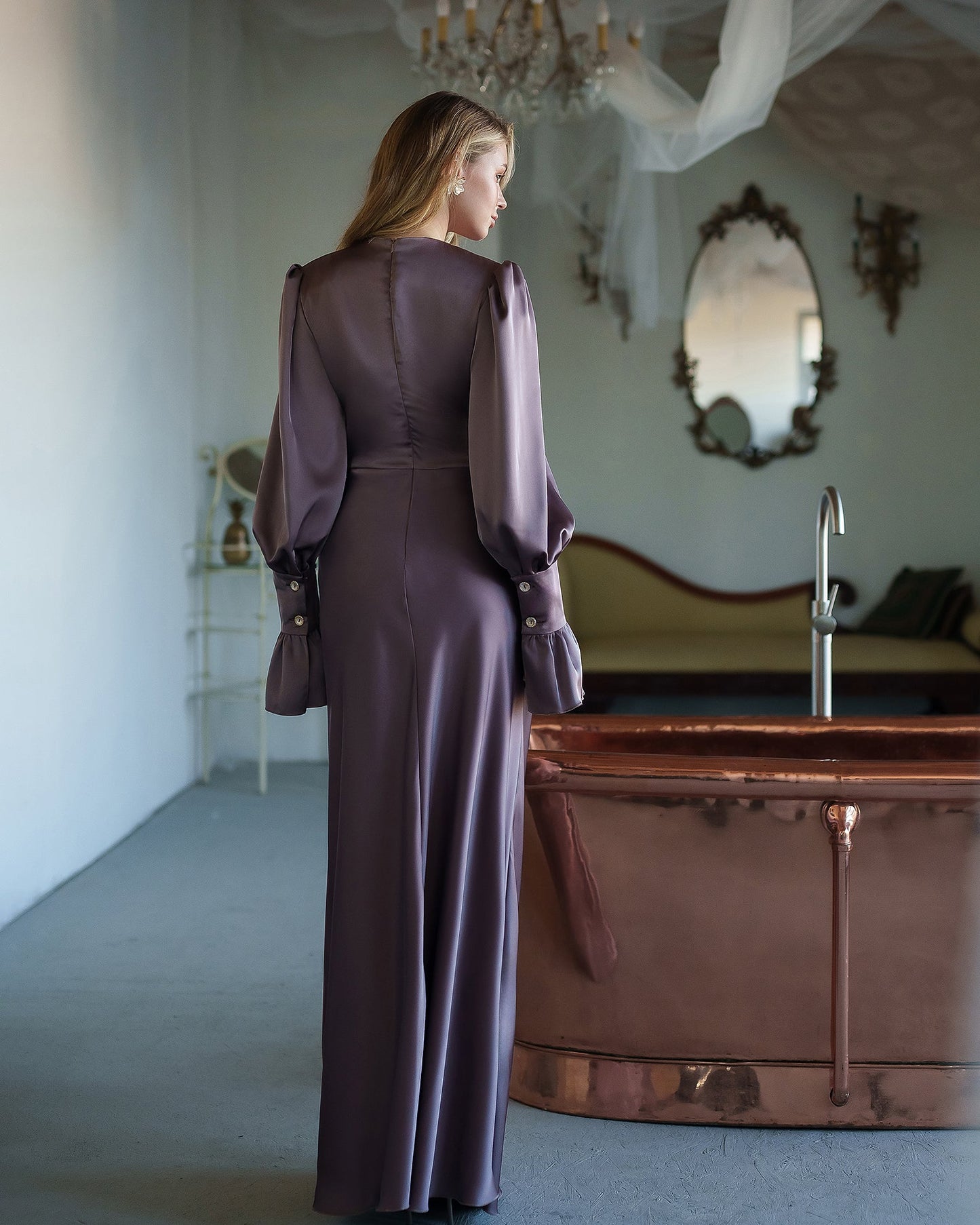 Gloria Mocco Satin V-Neck Puff-Sleeve Maxi Dress