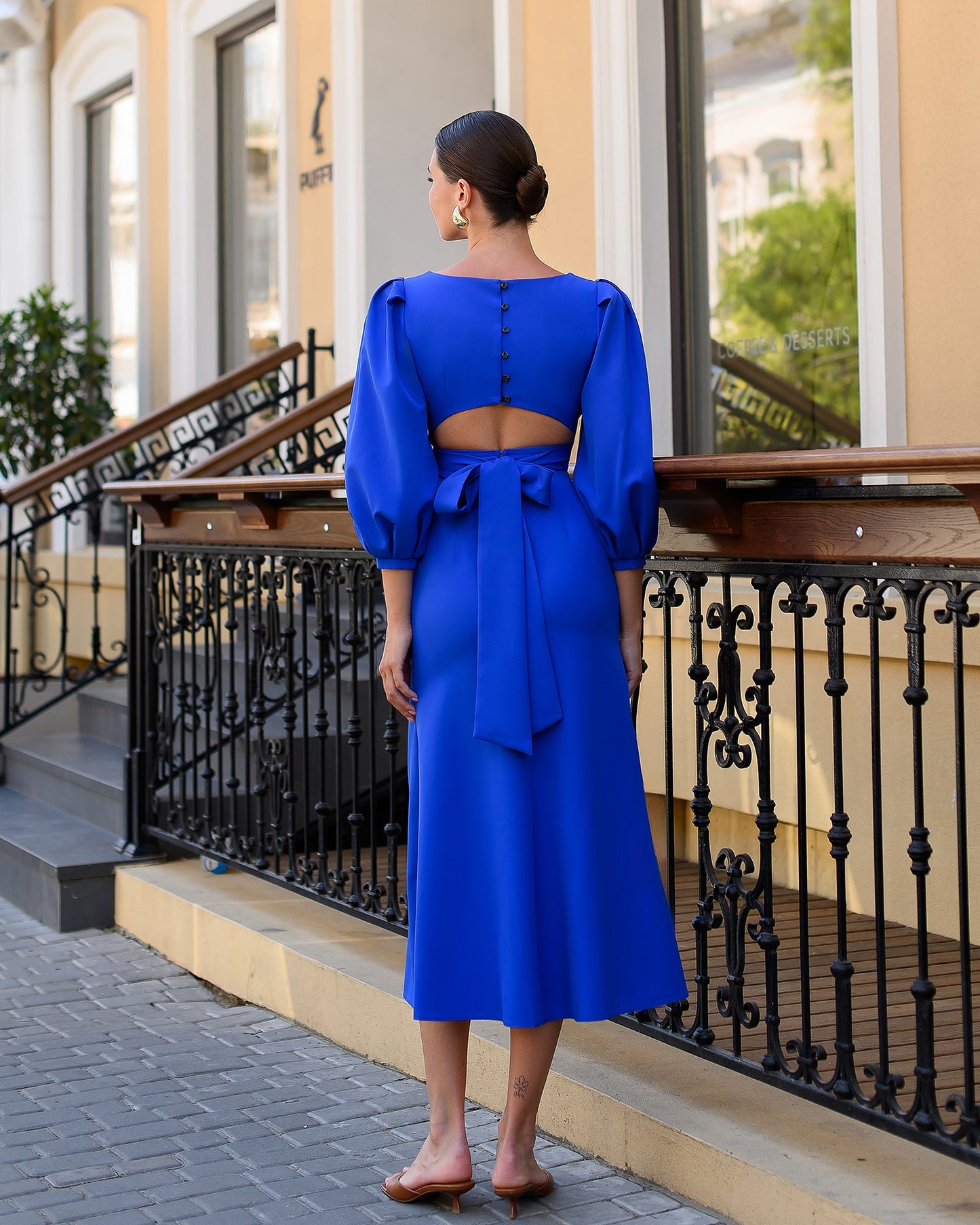 Julie Blue Puff-Sleeve Midi Dress