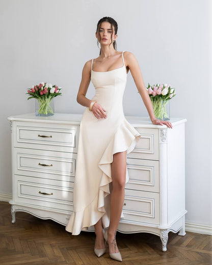 Cream Blush Asymmetric Ruffle Midi Dress