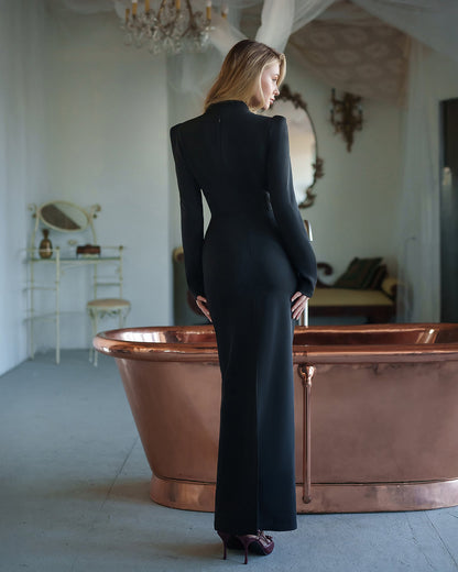 Melanie Black V-Neck Long-Sleeve Midi Dress