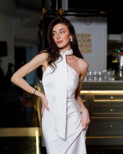 Monica White Halter Neck Satin Midi Dress