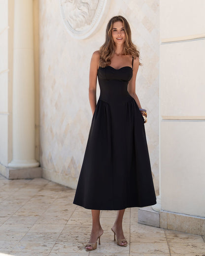 Monica Black Strappy Sweetheart Neckline Midi Dress