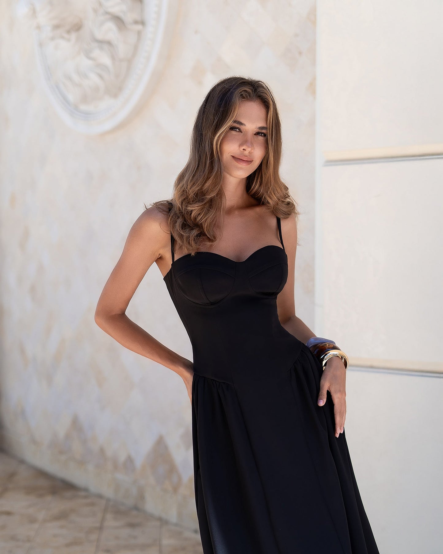 Monica Black Strappy Sweetheart Neckline Midi Dress