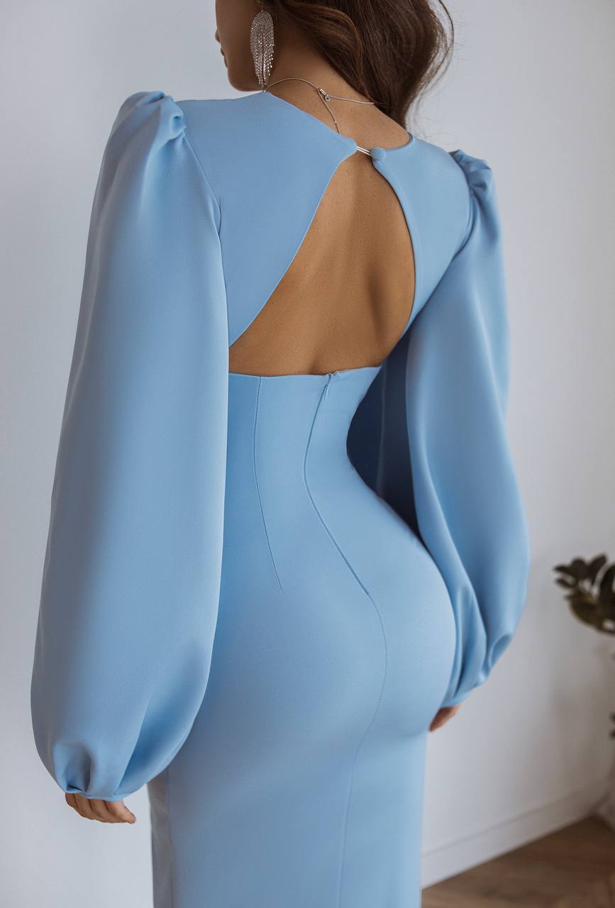 Sky-Blue Backless Puff Sleeve Midi Dress