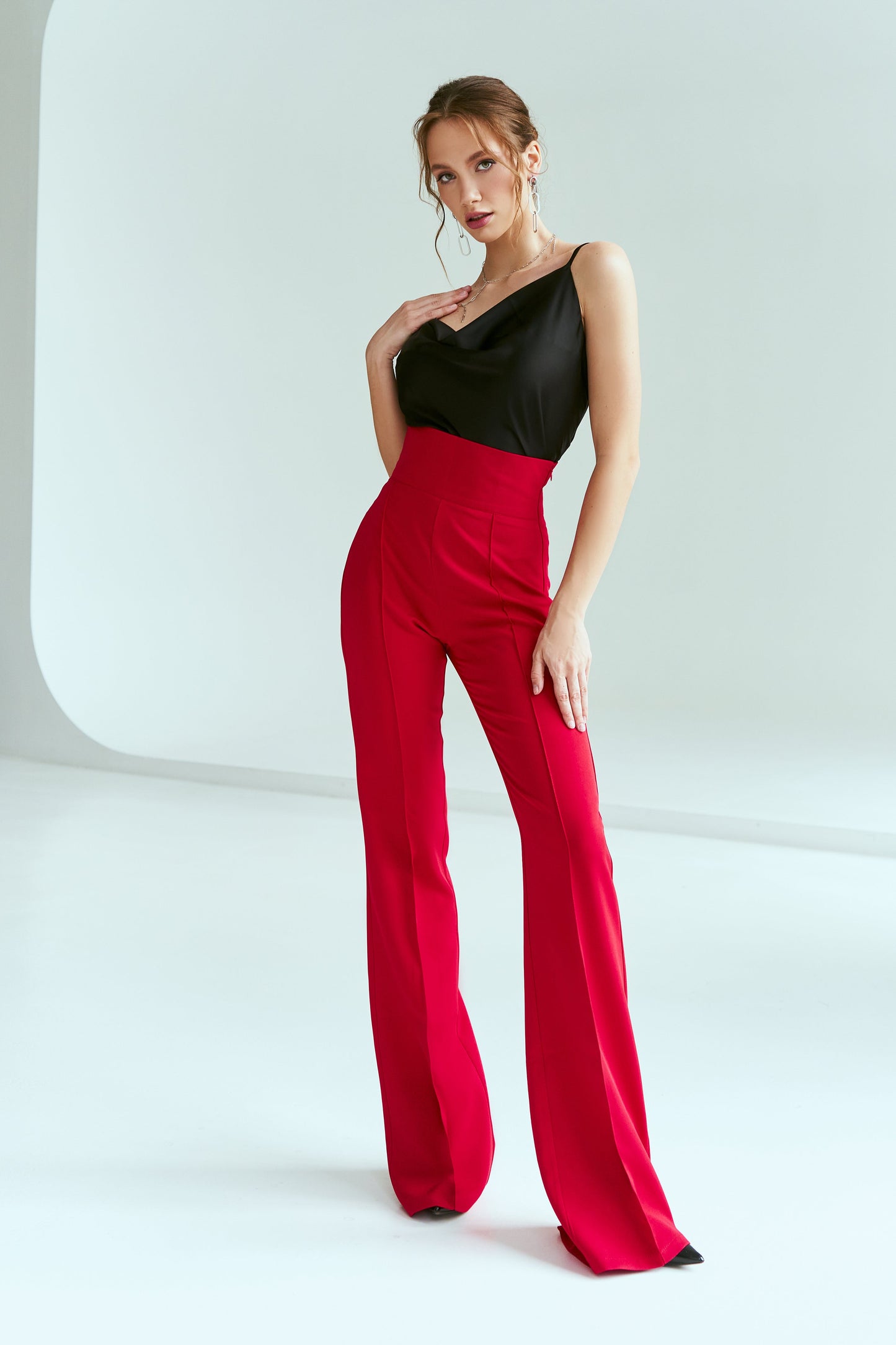 Red High Waist Flared Pants