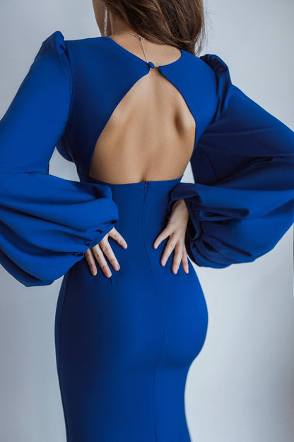 Blue Backless Puff Sleeve Midi Dress