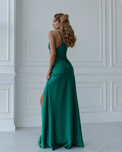 Green Satin Slit Maxi Slip Dress