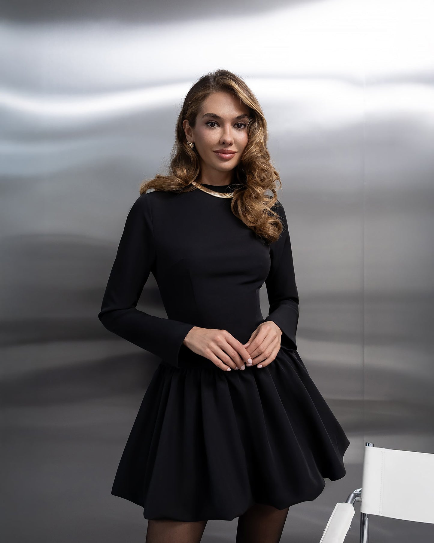 Elara Black High-Neck Long-Sleeve Mini Dress