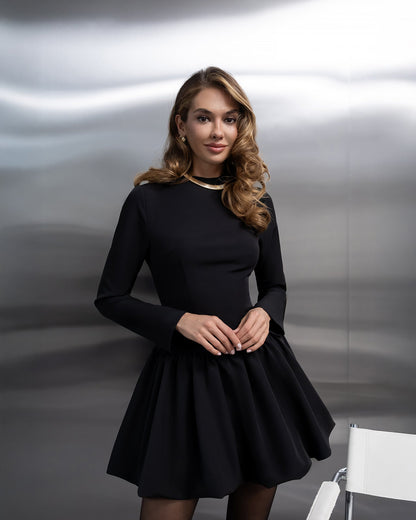 Elara Black High-Neck Long-Sleeve Mini Dress