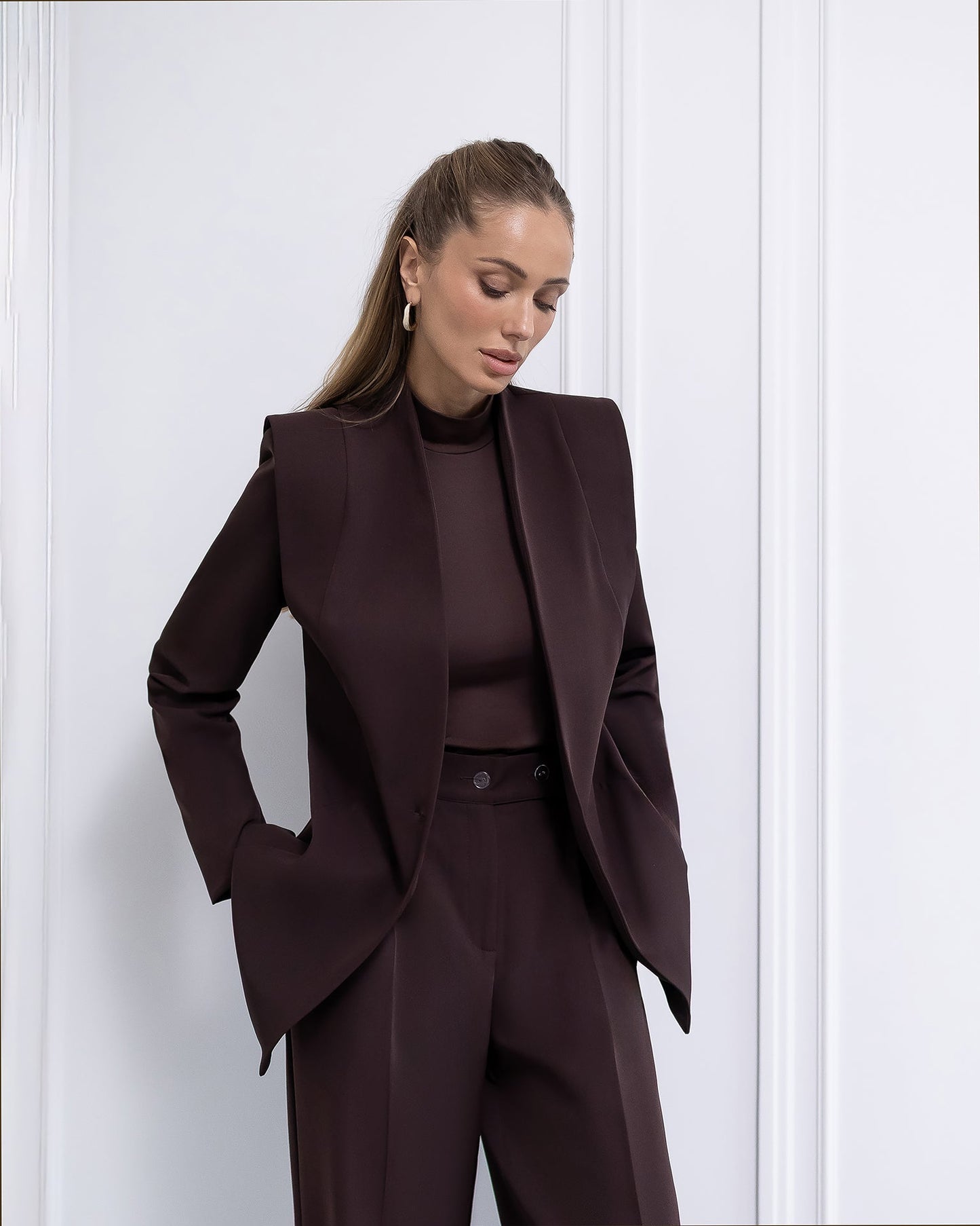 Elara Brown Collarless Double-Breasted Suit 2-Piece