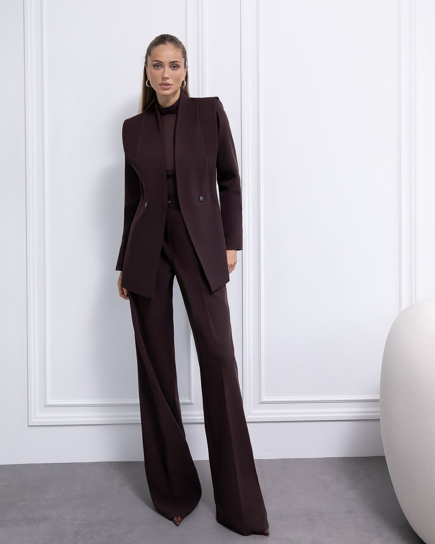Elara Brown Collarless Double-Breasted Suit 2-Piece