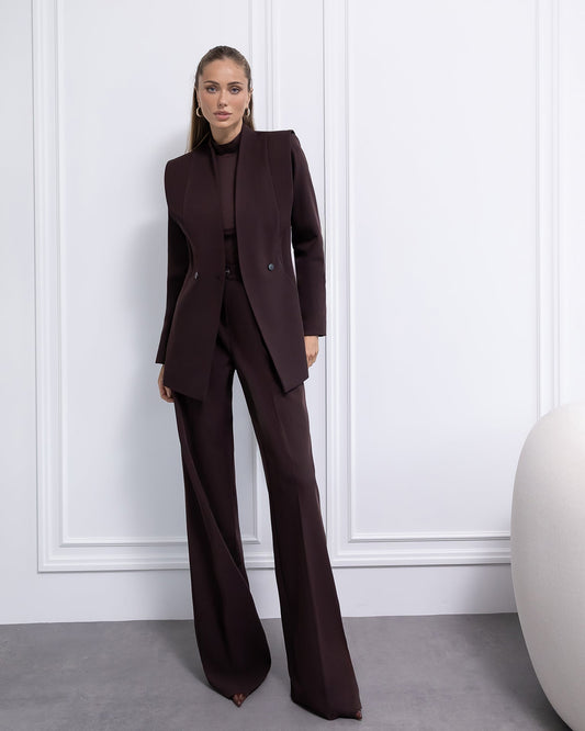 Elara Brown Collarless Double-Breasted Suit 2-Piece