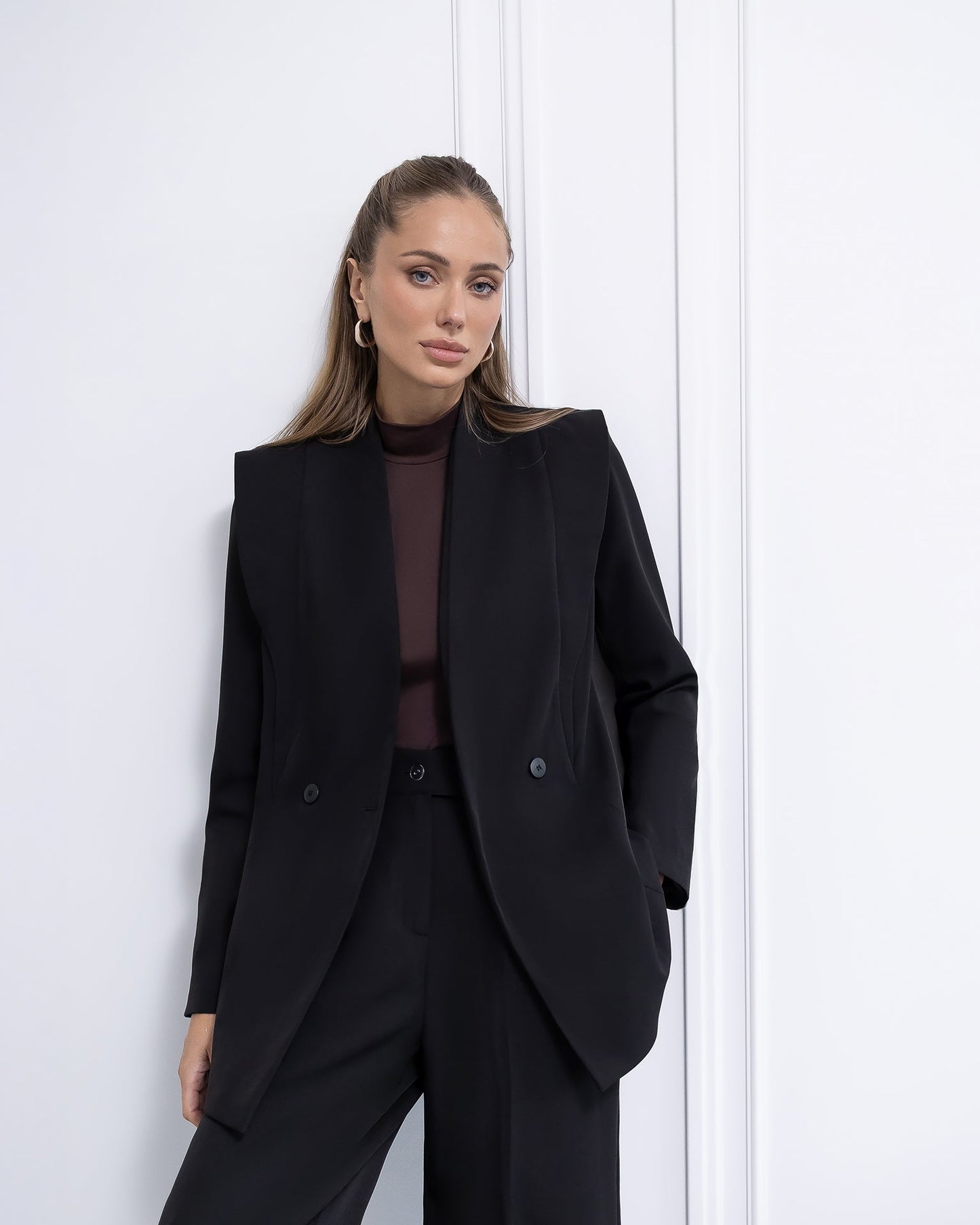 Elara Black Collarless Double-Breasted Suit 2-Piece