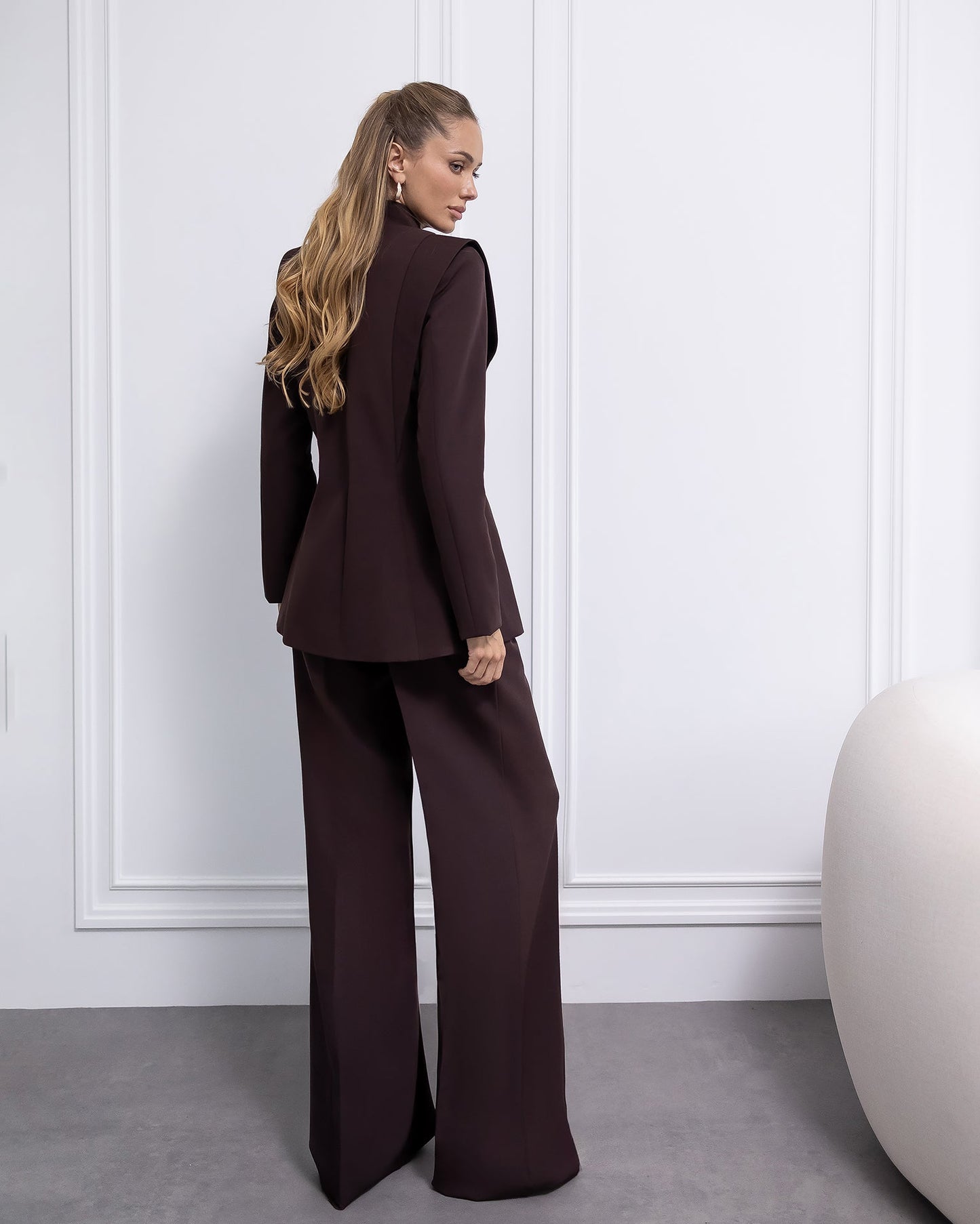 Elara Brown Collarless Double-Breasted Suit 2-Piece