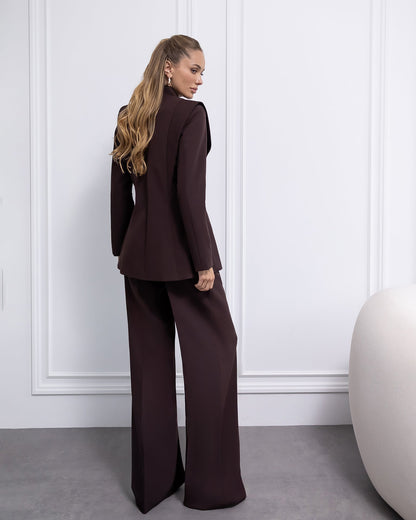 Elara Brown Collarless Double-Breasted Suit 2-Piece