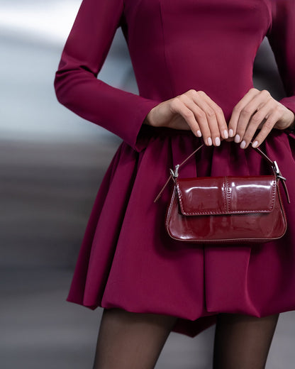 Elara Bordeaux High-Neck Long-Sleeve Mini Dress