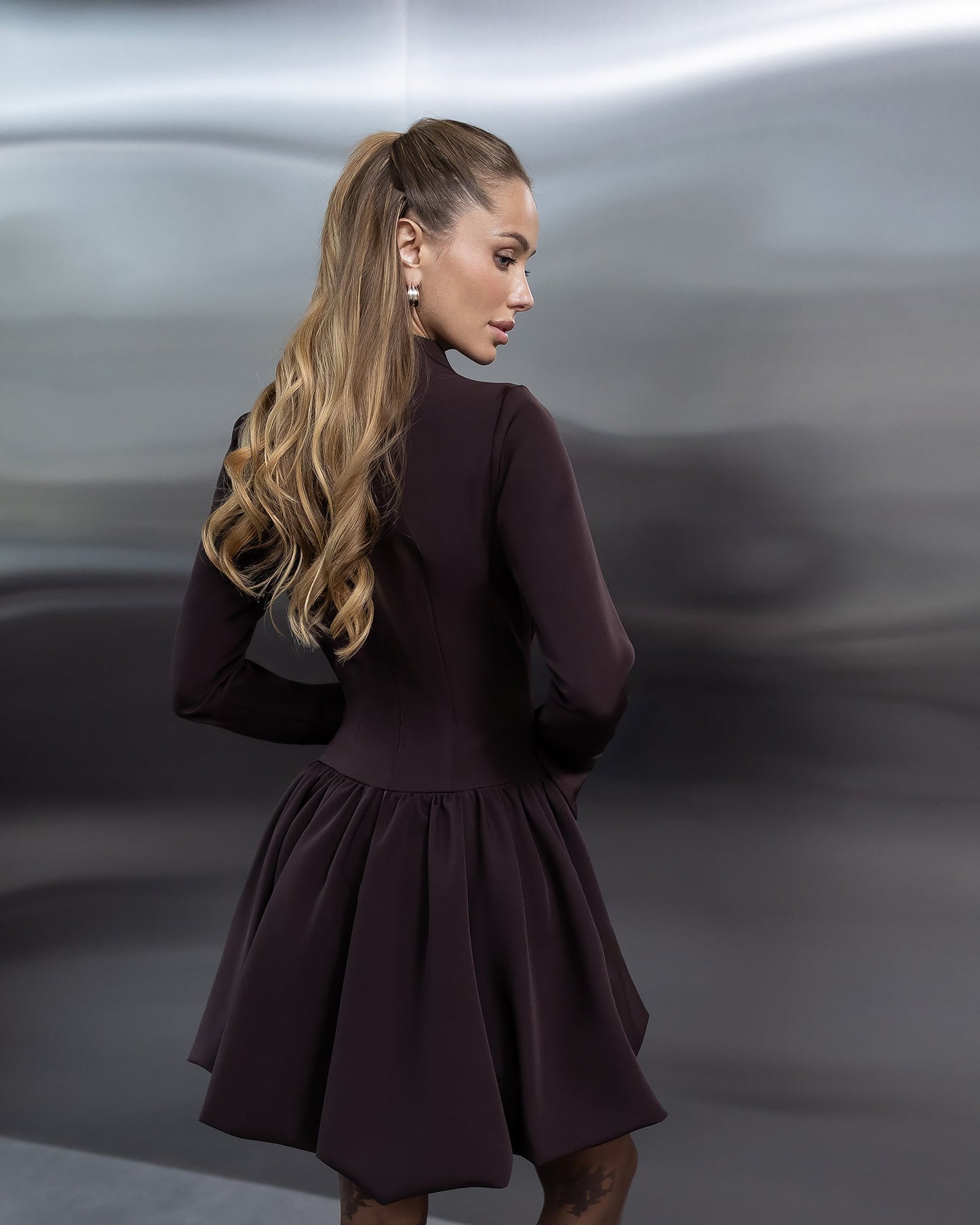 Elara Brown High-Neck Long-Sleeve Mini Dress