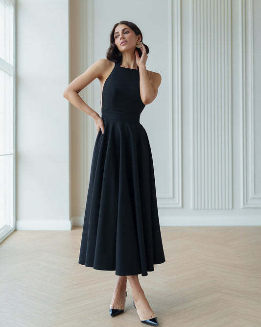 Julie Black Halter Neck Midi Dress