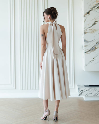Julie Beige Halter Neck Midi Dress