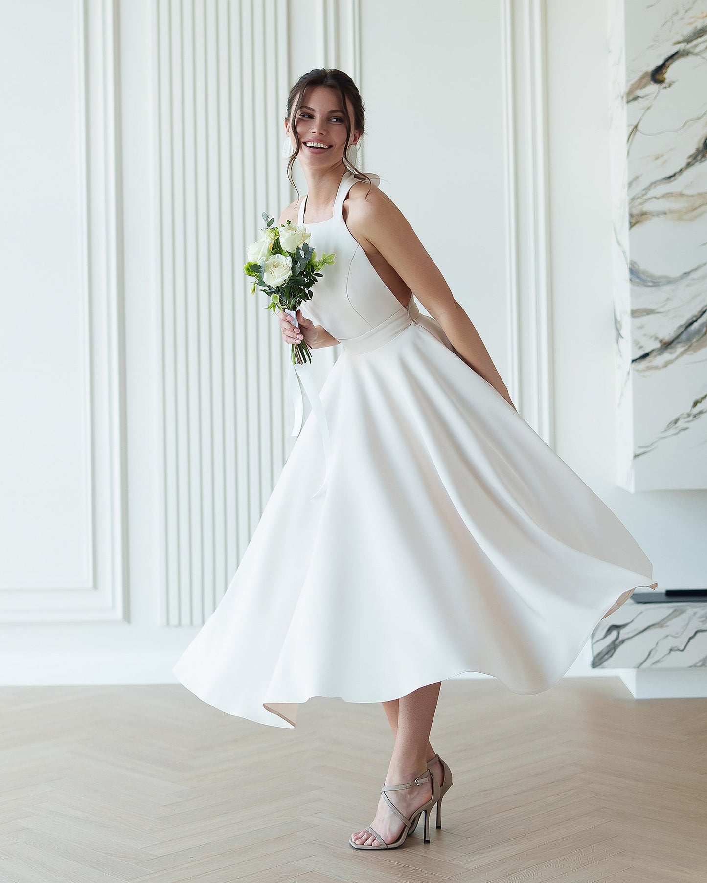 Julie Beige Halter Neck Midi Dress